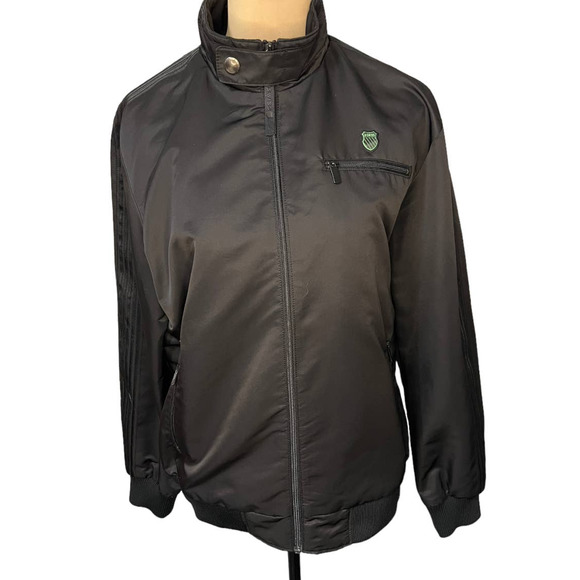 K-Swiss Black Satin Full Zip Bomber Jacket Size L - Picture 1 of 8